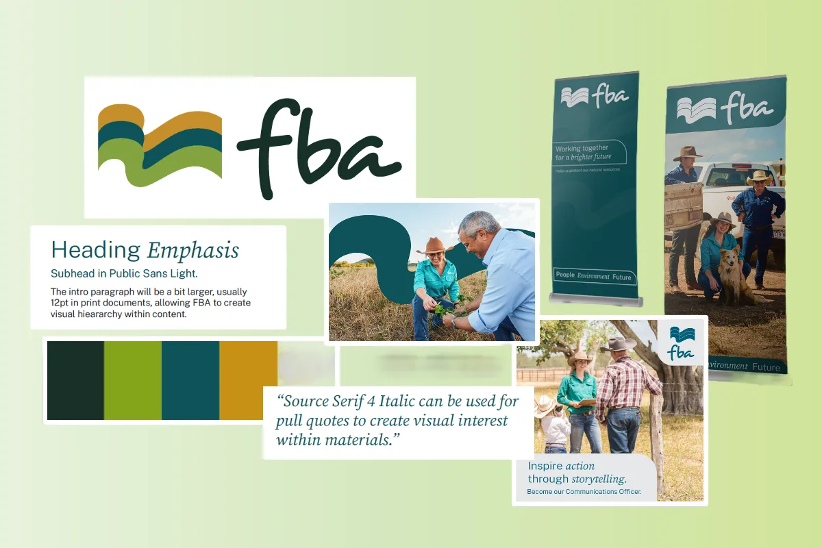 FBA branding with logo, color palette, typography examples, and photos of rural community engagement.
