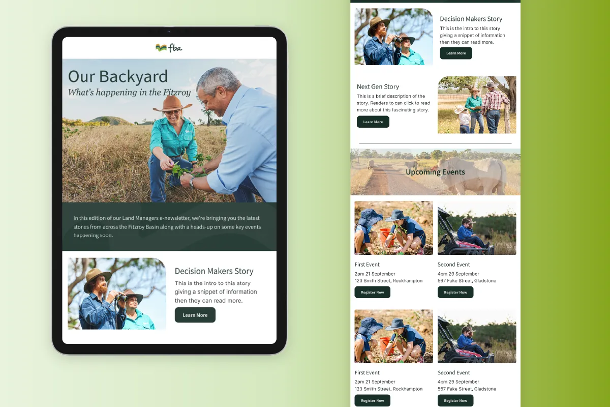 Newsletter on tablet shows people in farmland, stories, and upcoming event details with registration buttons.