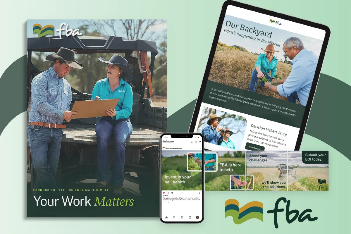 Marketing materials showing a brochure, a newsletter on a tablet, social media posts, and the FBA logo.