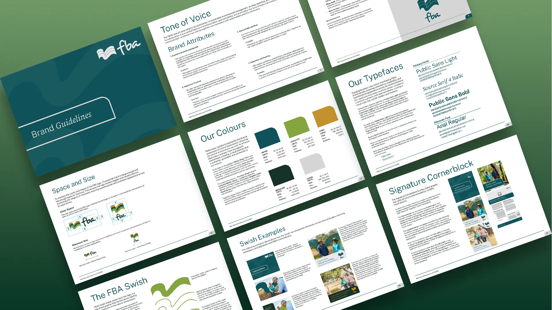 Multiple pages of FBA brand guidelines showing tone, colors, typefaces, logo space, and signature blocks.