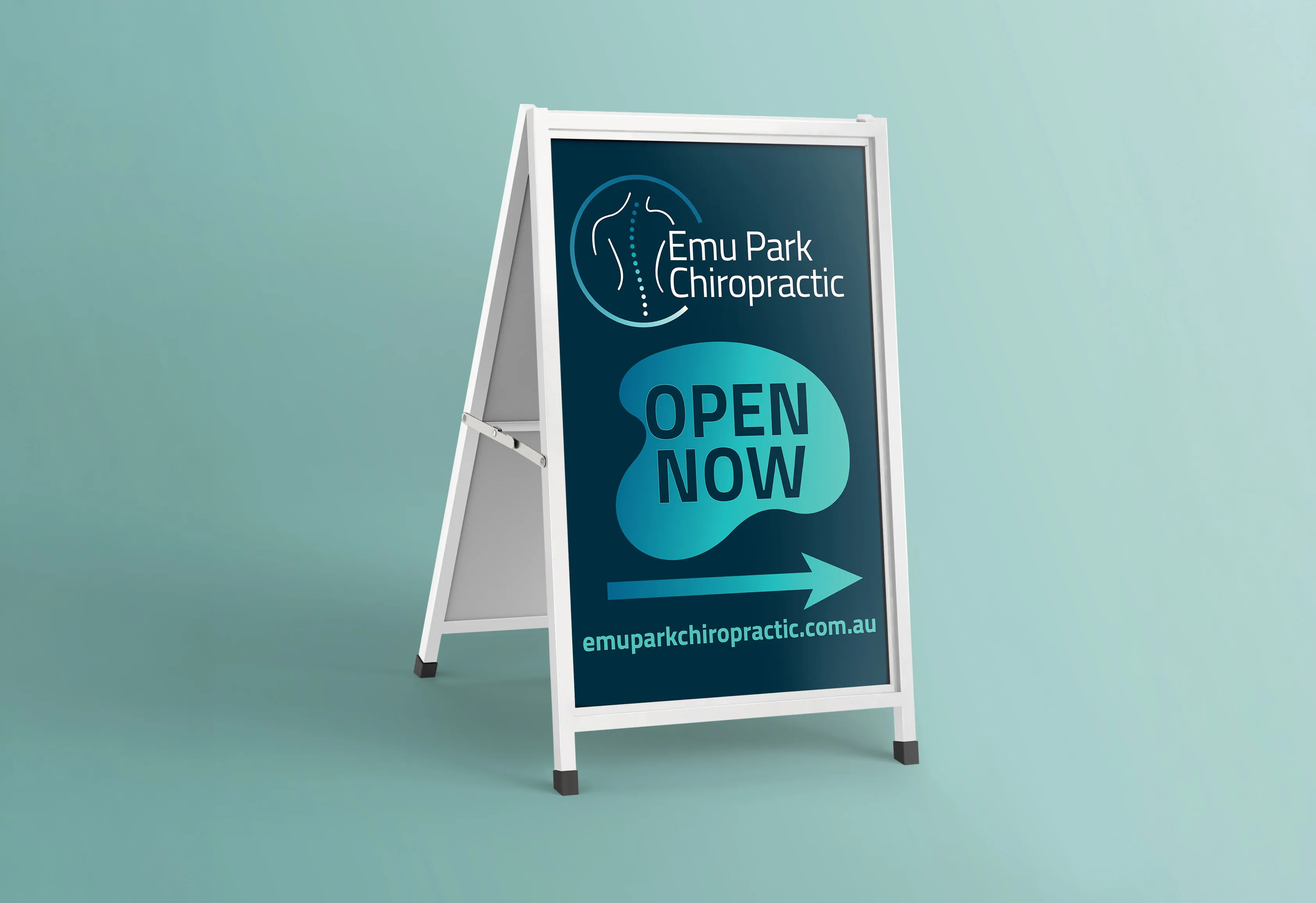 A-frame sign for Emu Park Chiropractic with an open now message and right arrow.