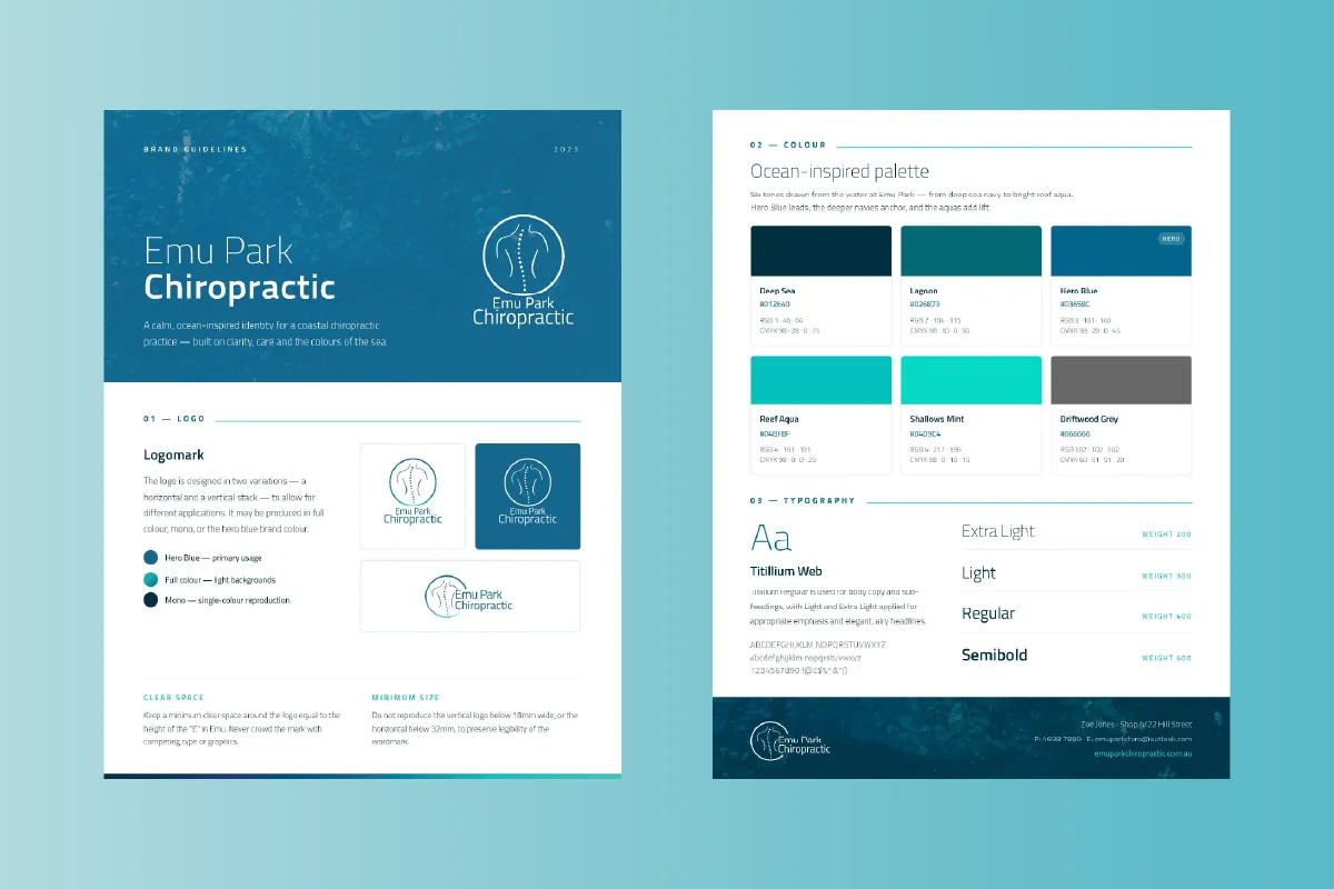 Emu Park Chiropractic brand guidelines showing logo variations, ocean-inspired color palette, and typography details.