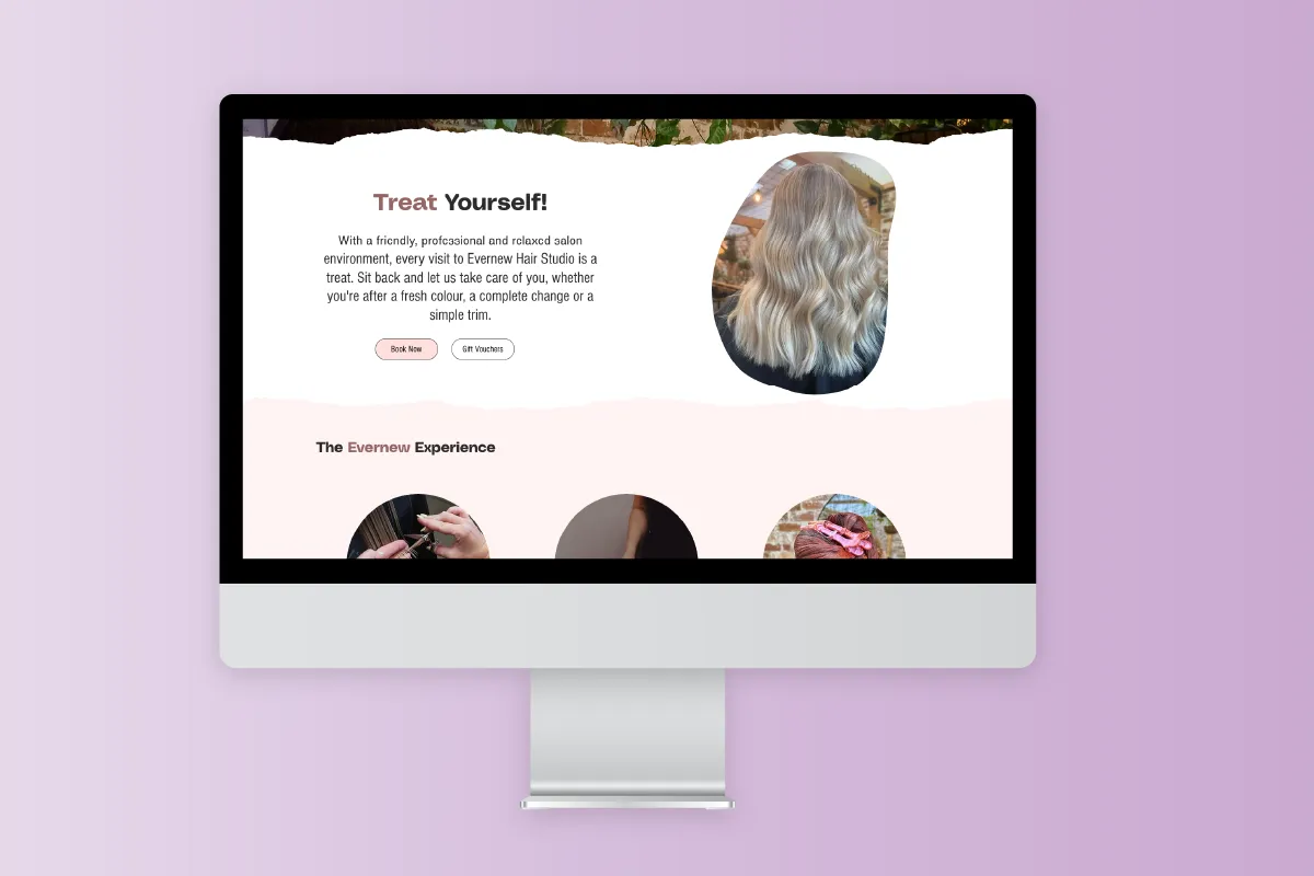 Website section with text about Evernew Hair Studio and a photo of blonde wavy hair from the back.