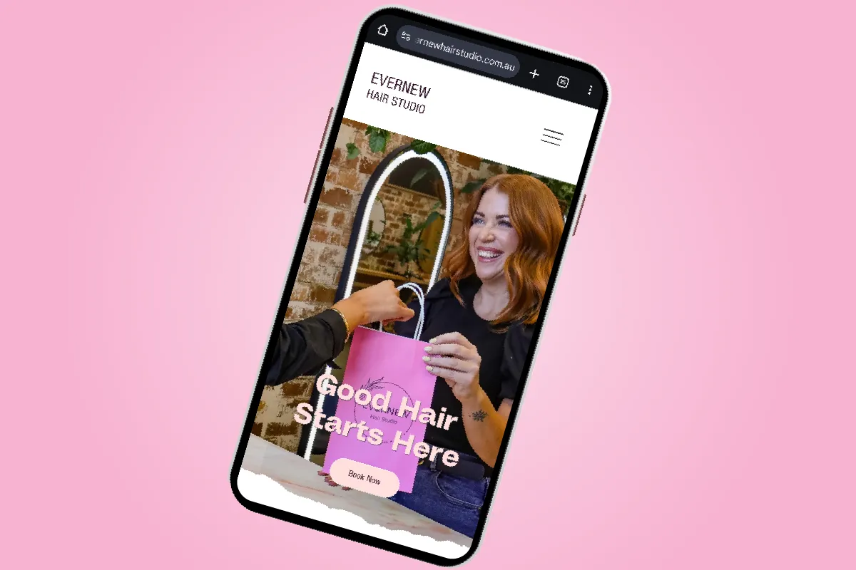 Mobile view of the Evernew Hair Studio website.