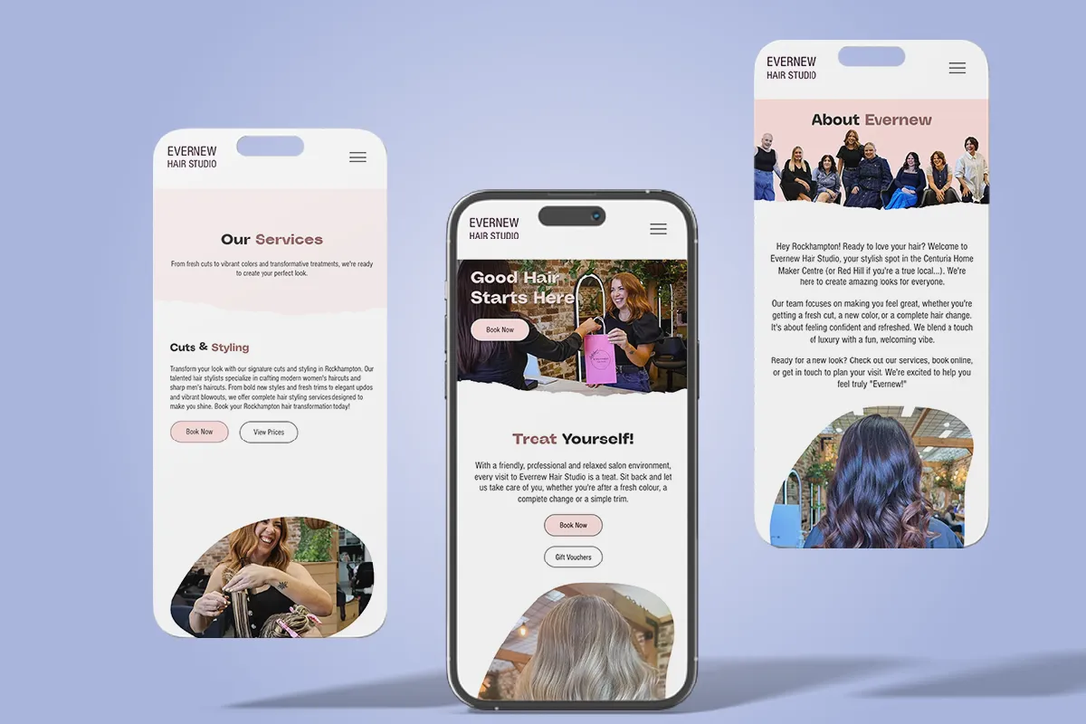 Three mobile screens showing Evernew Hair Studio's services, booking, and about pages with client photos.