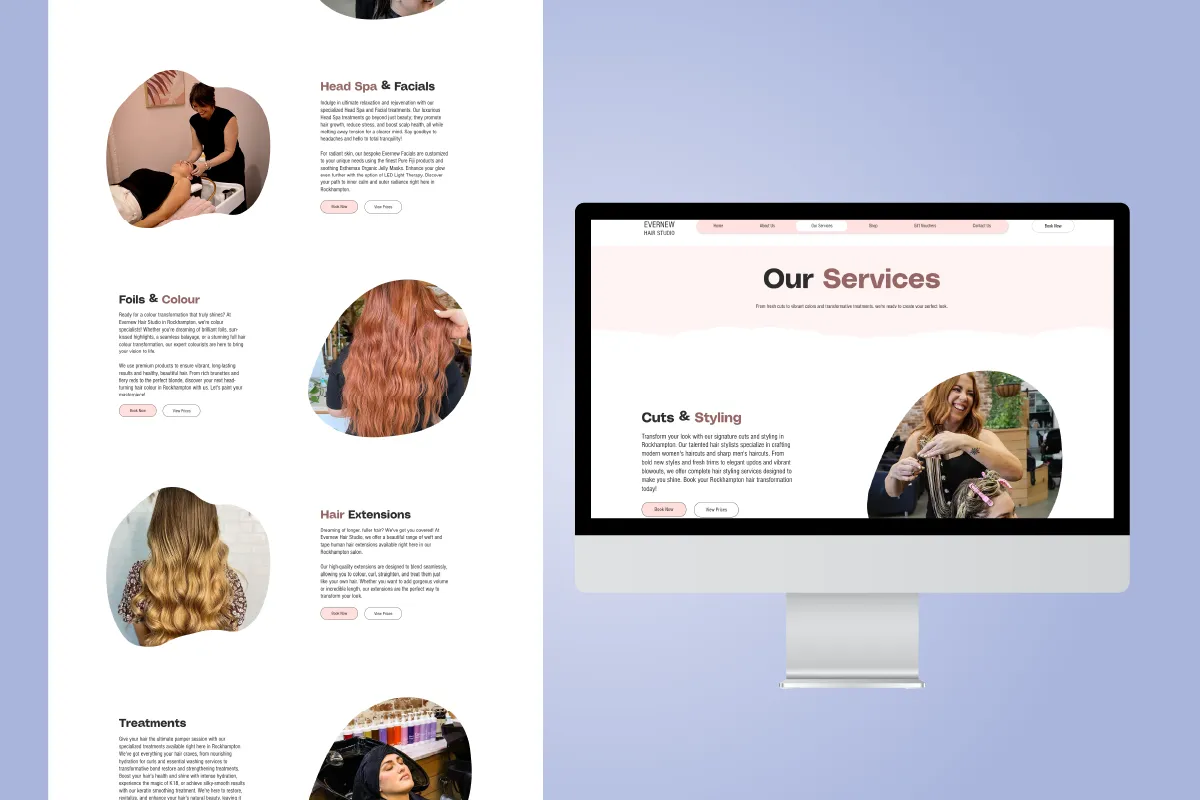 Website page showing hair salon services with images of facials, hair coloring, extensions, treatments, and styling.