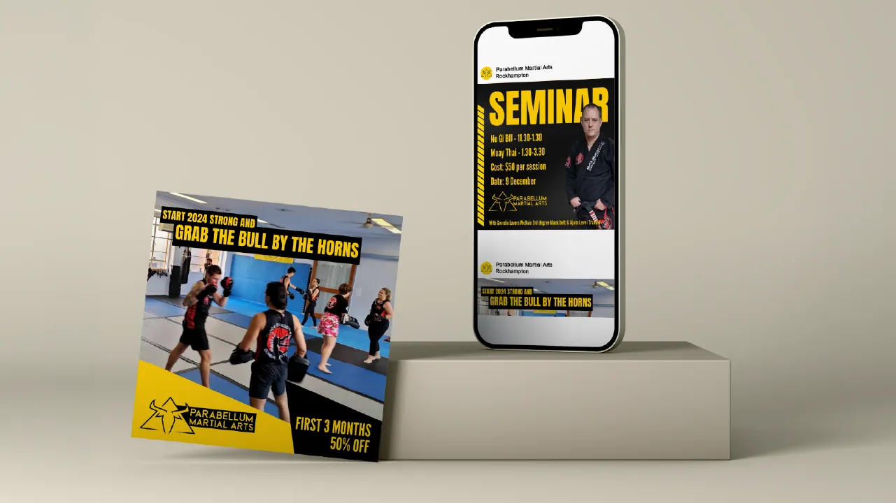 Promotional martial arts social posts: One with people training, another advertising seminar and discount offer.