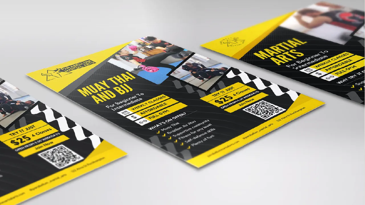 Three black and yellow martial arts class flyers for Muay Thai, BJJ, and general martial arts with QR codes.