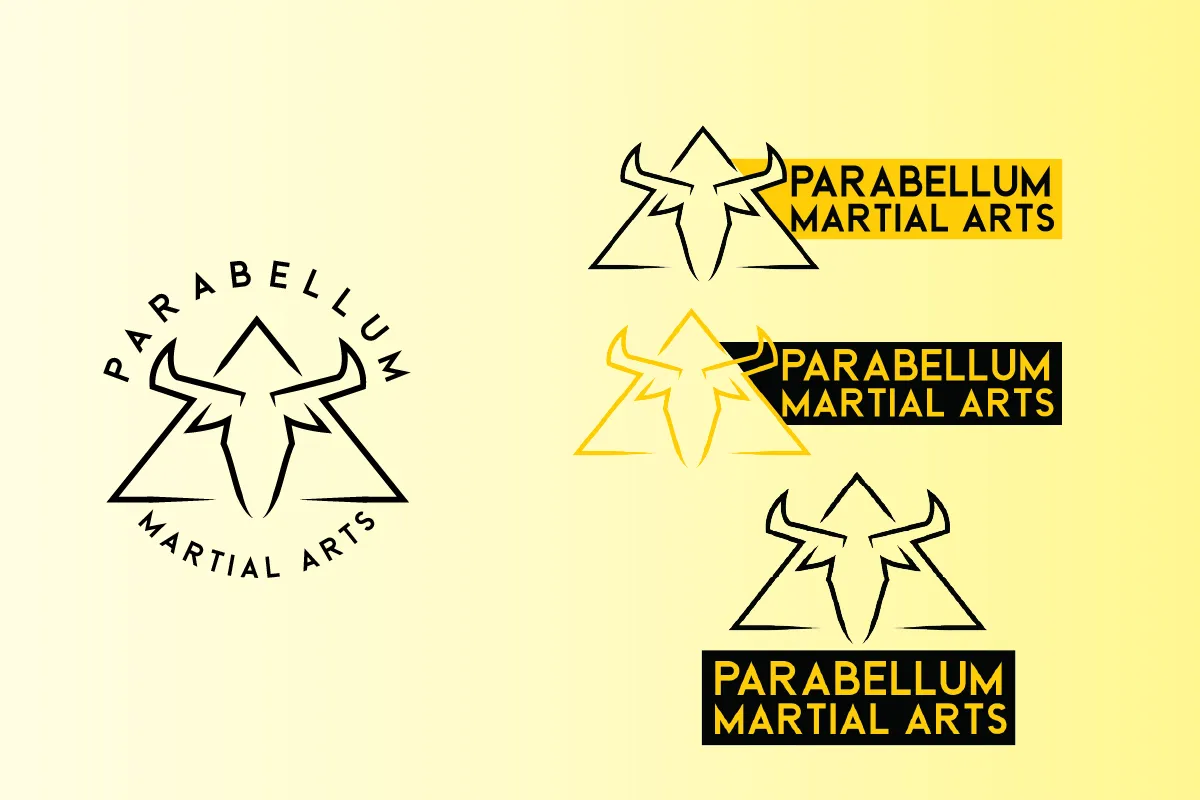 Parabellum Martial Arts logos with stylized bull head and triangle in black and yellow variations.