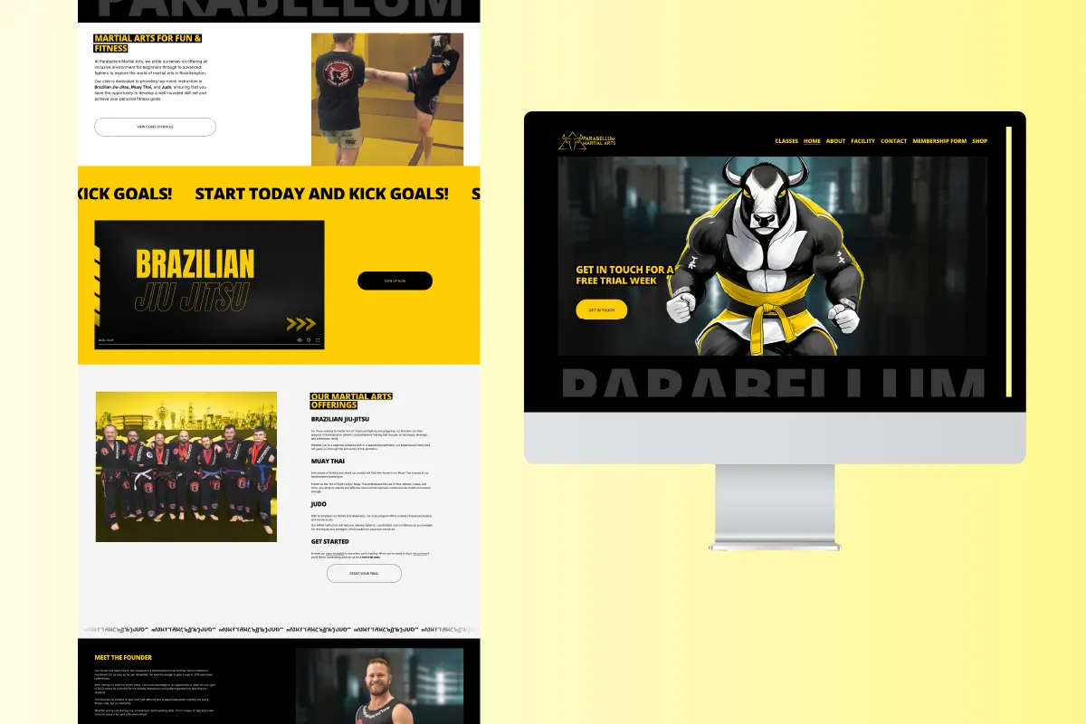 Martial arts website featuring Brazilian Jiu Jitsu, Muay Thai, and Judo with photos and a cartoon bull mascot.