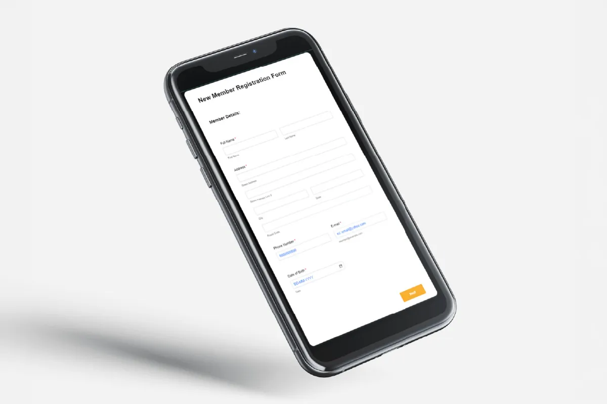 Smartphone displaying a new member registration form with fields for name, address, email, phone, and birth date.