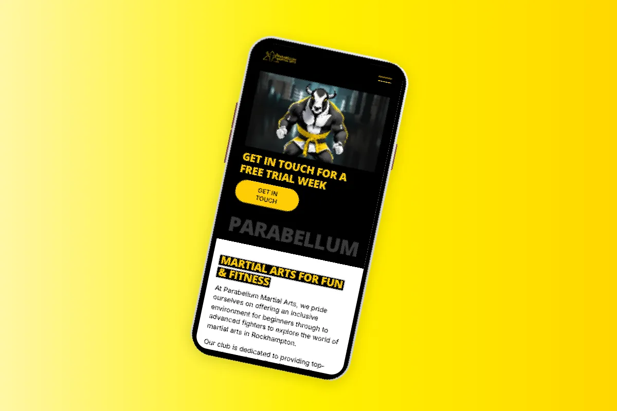 Mobile screen showing Parabellum Martial Arts site with a bull mascot and offer for a free trial week.