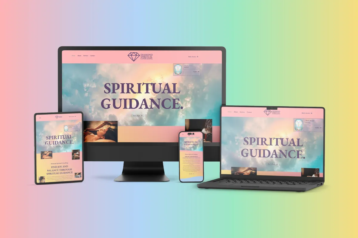 Responsive website for Diamond Spiritual Consulting shown on desktop, laptop, tablet, and phone screens.