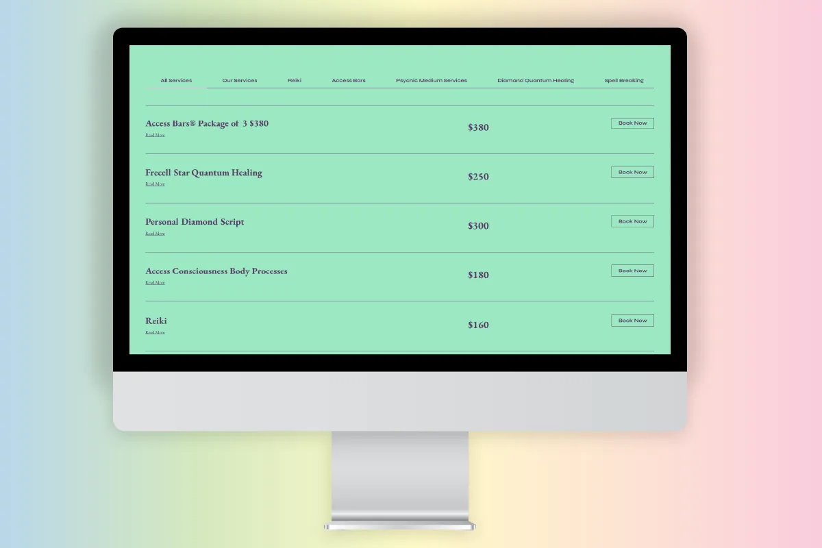 Computer screen showing a bookings page with services and prices including Access Bars and Reiki.