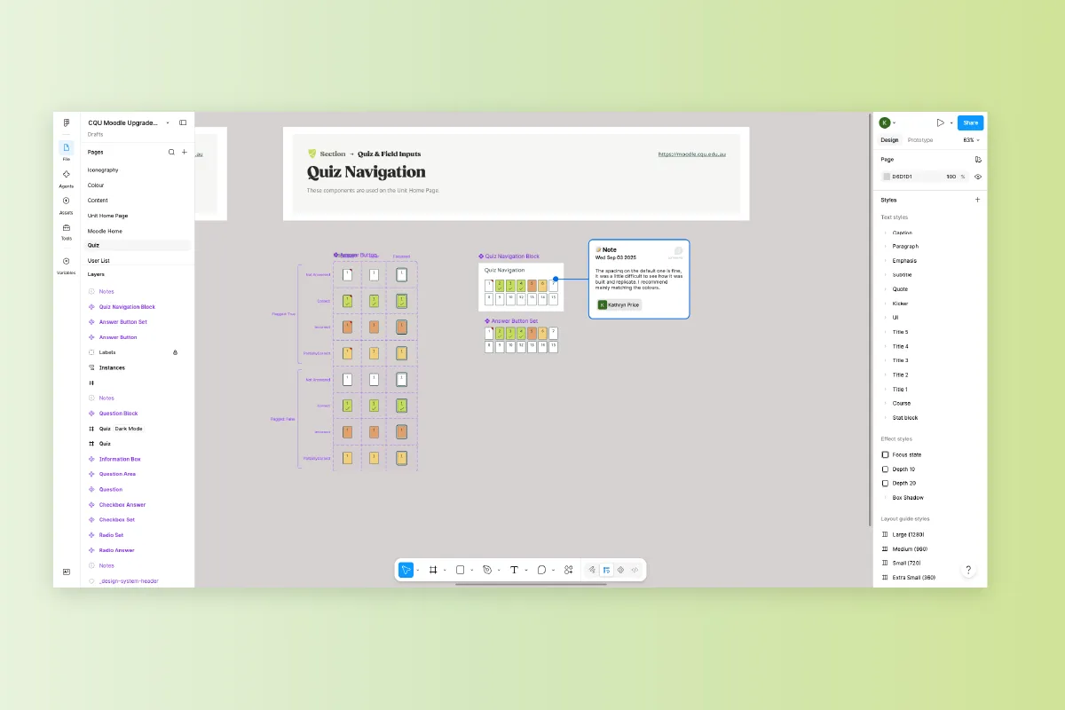 Interface screen showing quiz navigation design with answer buttons, notes, and styles for Moodle upgrade.