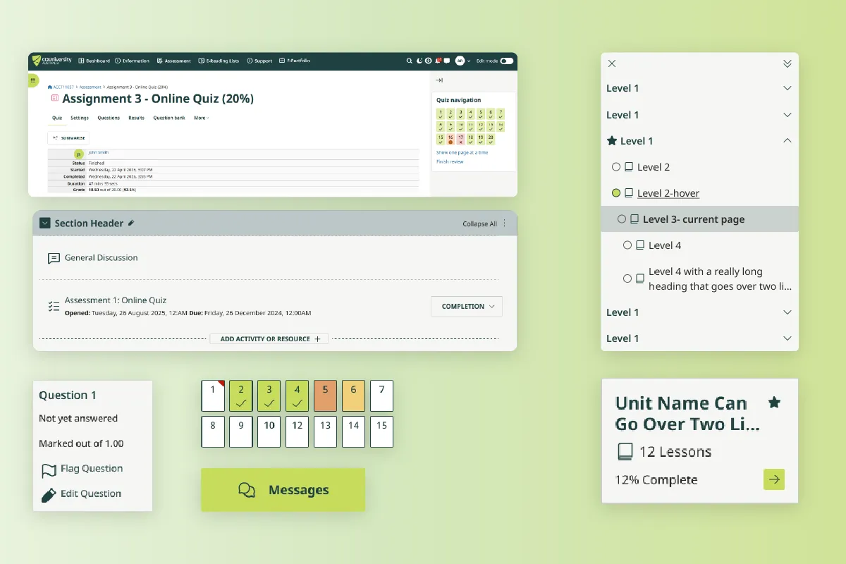Online quiz dashboard showing quiz status, question navigation, discussion, and message button on a green background.