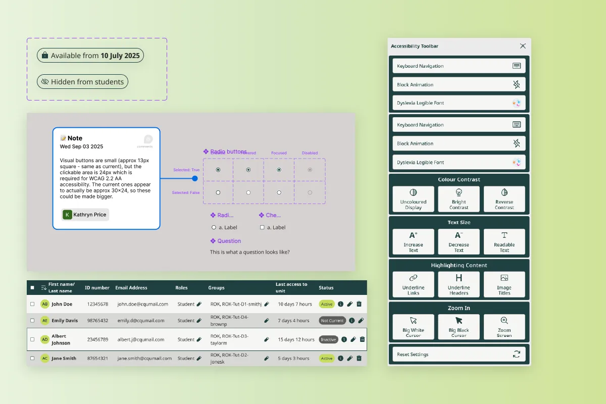 User interface showing accessibility toolbar, student info table, note on button size, and visibility status badges.