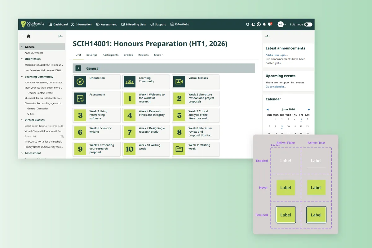 CQU course page in Moodle showing week-by-week honours preparation topics and an inset UI state diagram.
