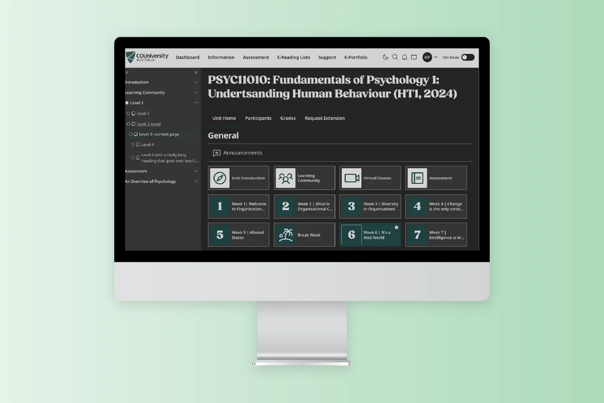 Computer screen showing COUniversity online course dashboard in dark mode.