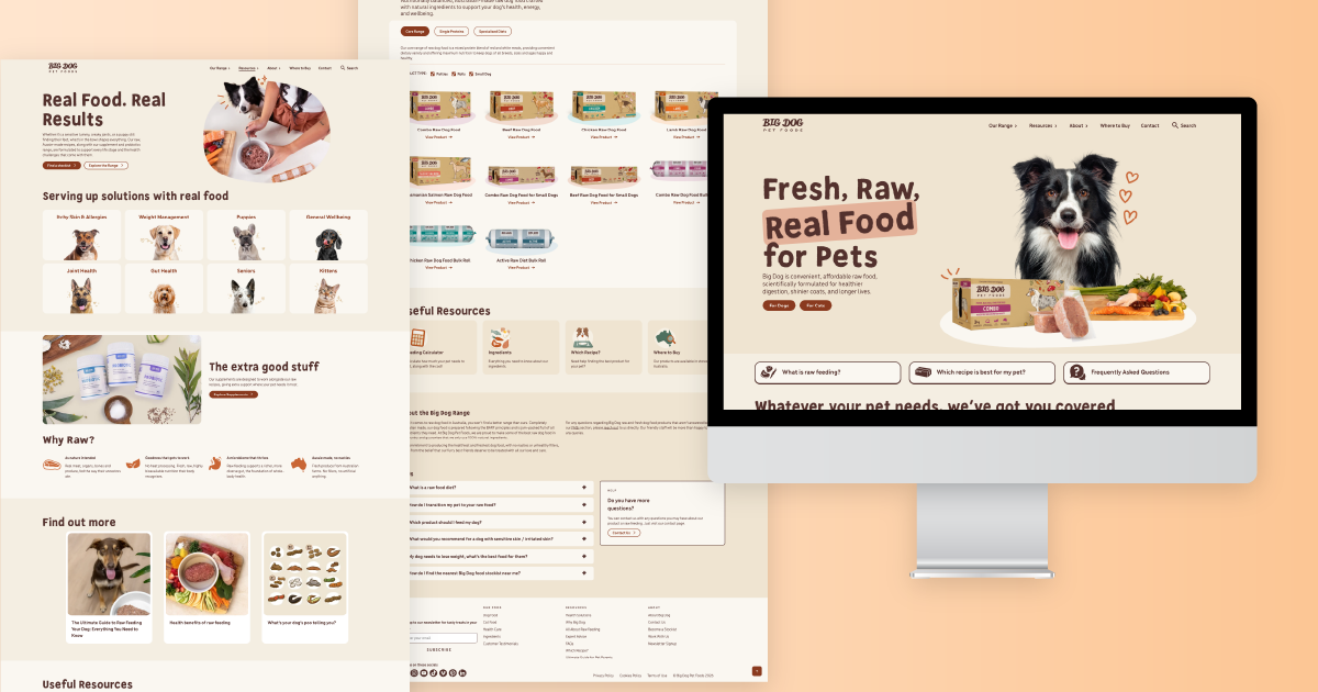 Website homepage for Big Dog Pet Foods showing fresh, raw real food for pets with dog photo and product images.