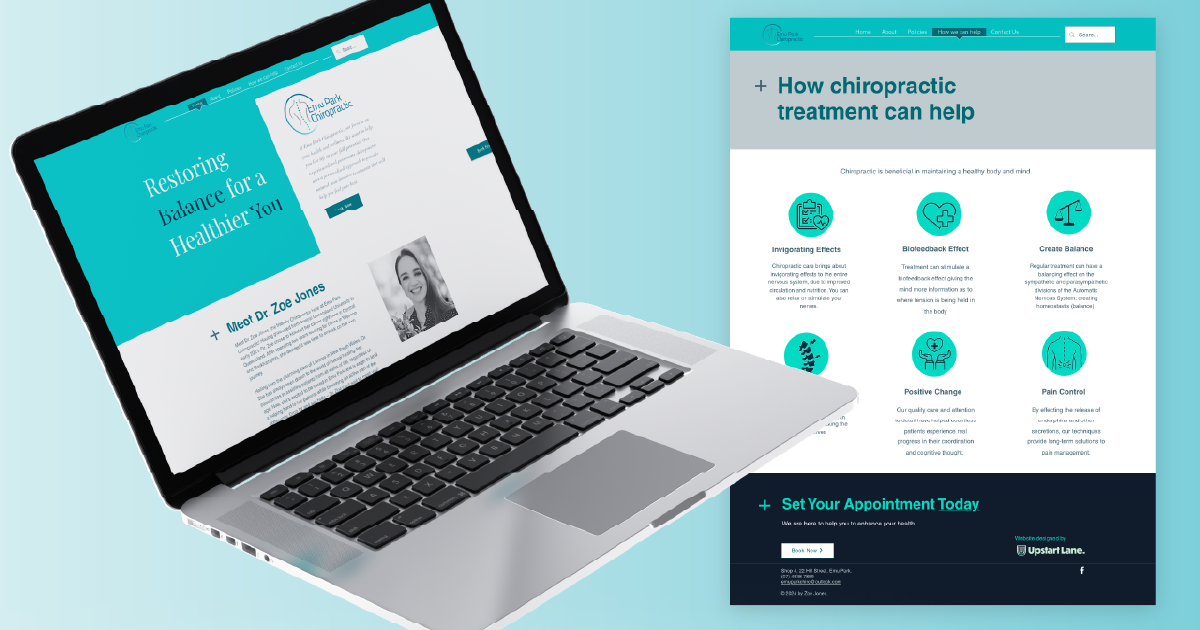 Laptop showing Emu Park Chiropractic website with info about Dr. Zoe Jones and chiropractic benefits.