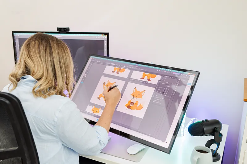 Kat Price using a stylus on a large touchscreen showing fox illustrations.