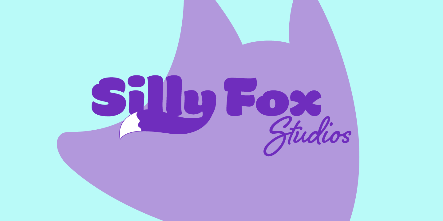 Logo of Silly Fox Studios featuring a stylized purple fox head silhouette on a light blue background with the text 'Silly Fox' in bold purple letters and 'Studios' in cursive purple script.