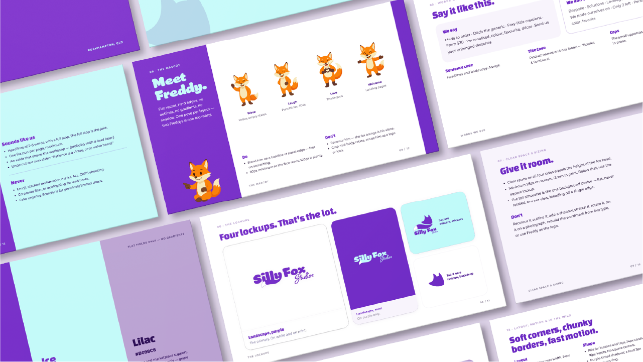 Open pages of a colorful brand guideline booklet for Silly Fox Studios featuring sections on mascot designs with various fox poses, color palettes including lilac and ice blue, logo lockups in purple and mint, typography styles, spacing guidelines, voice tone advice, and layouts emphasizing soft corners and chunky borders.