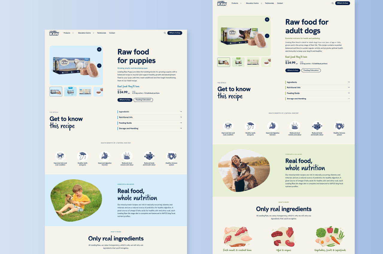 Website webpage split into two vertical sections showcasing raw dog food recipes: left side for puppies with text, images of packaged food and serving suggestions, benefits like improved skin and digestion, plus a photo of a toddler holding a dog; right side for adult dogs with similar layout, text about nutrition, and a photo of a woman hugging a dog. Below, illustrations show categories of real ingredients: fresh meats with crushed bone, offal and organs, and vegetables, fruits, and superfoods. The design uses blue and green backgrounds, clear headings, and icons representing health benefits.