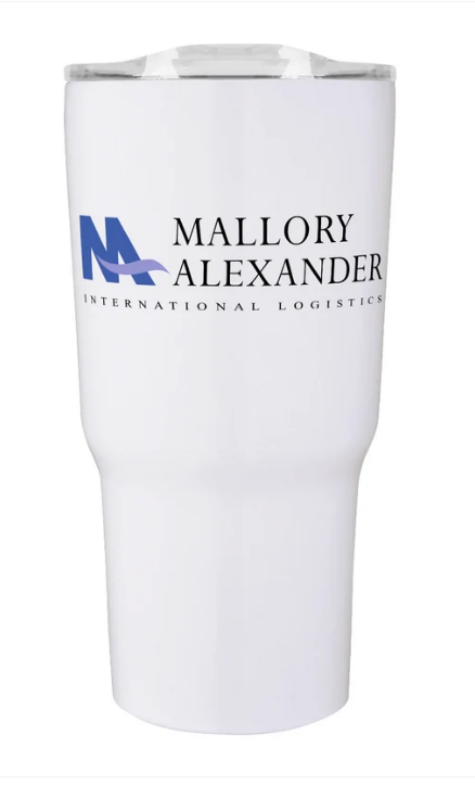 White insulated travel mug with the Mallory Alexander logo