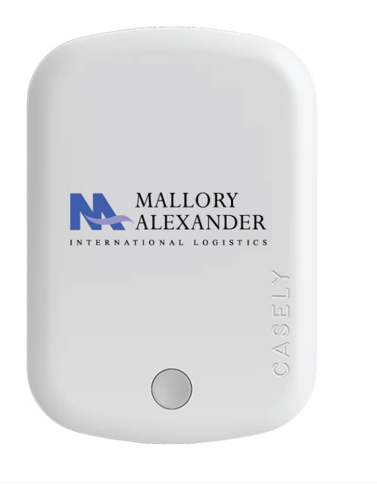 White magnetic phone battery pack with the Mallory Alexander logo