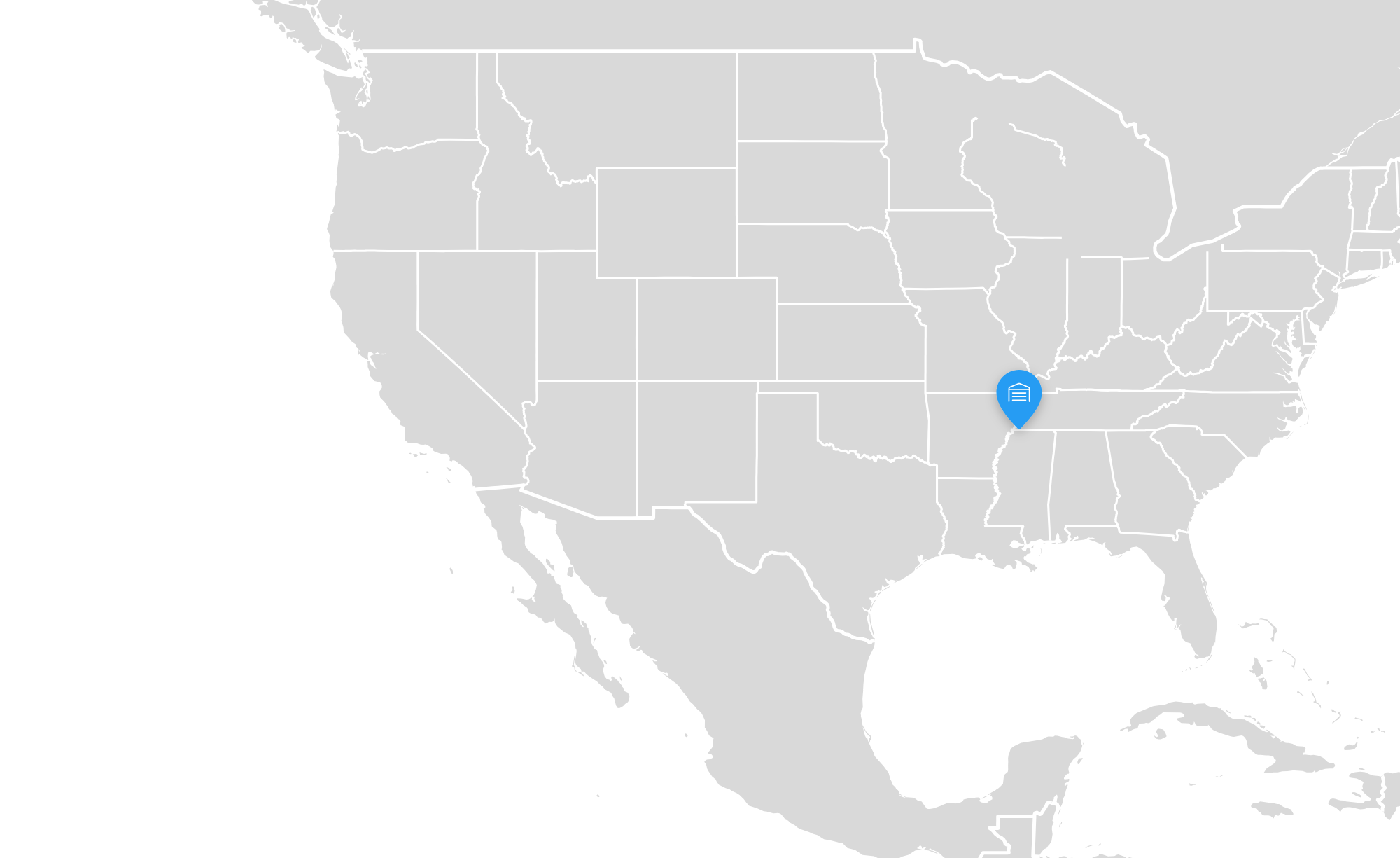 Map of the United States marking the Mallory Alexander Memphis - Delp warehouse in Memphis, Tennessee
