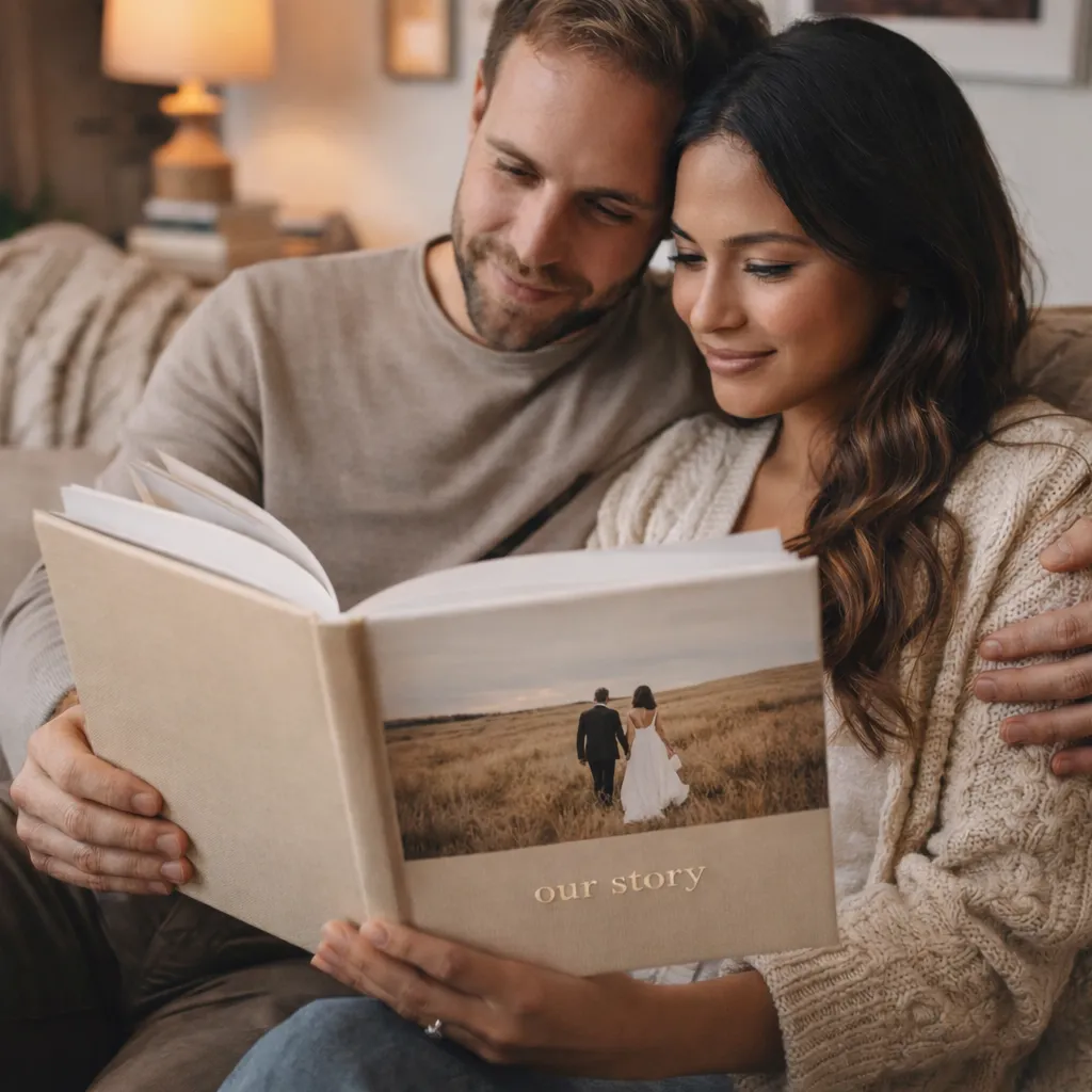Couple sitting together on a couch looking through their fine art wedding album