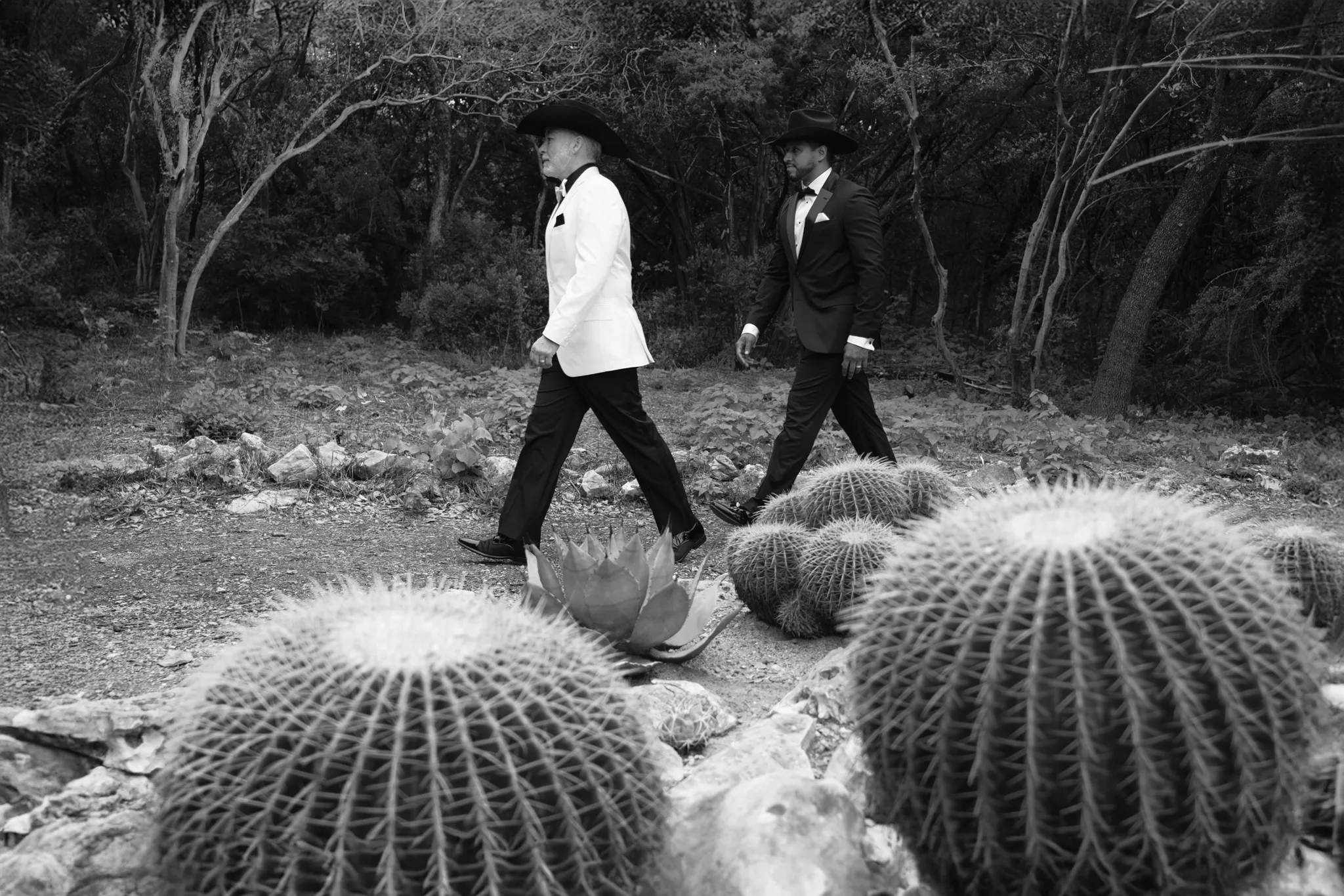 Documentary wedding photographer black and white image of two grooms in tuxedos and cowboy hats walking through a desert cactus garden