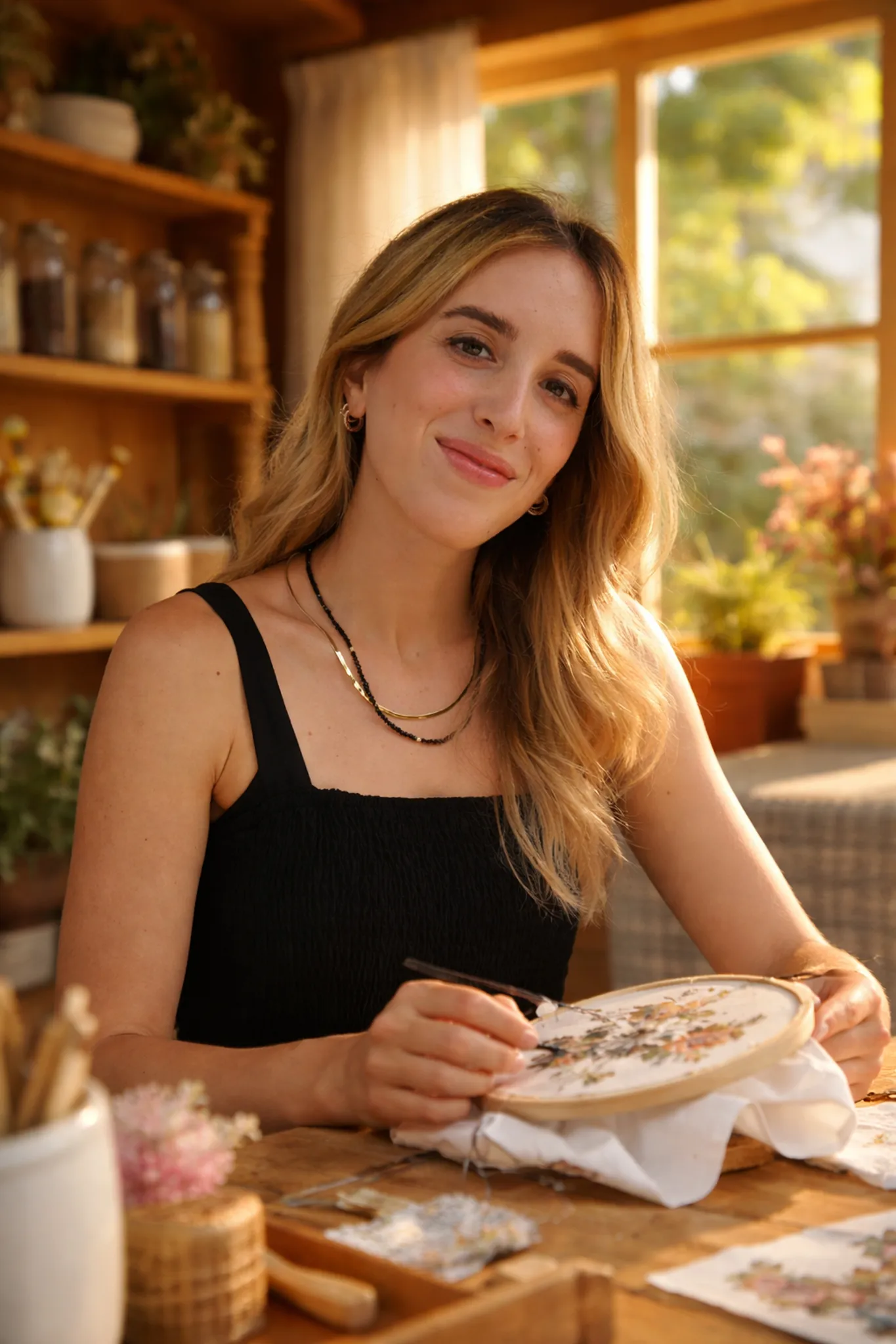 Documentary wedding photographer woman embroidering a floral hoop in a warm studio