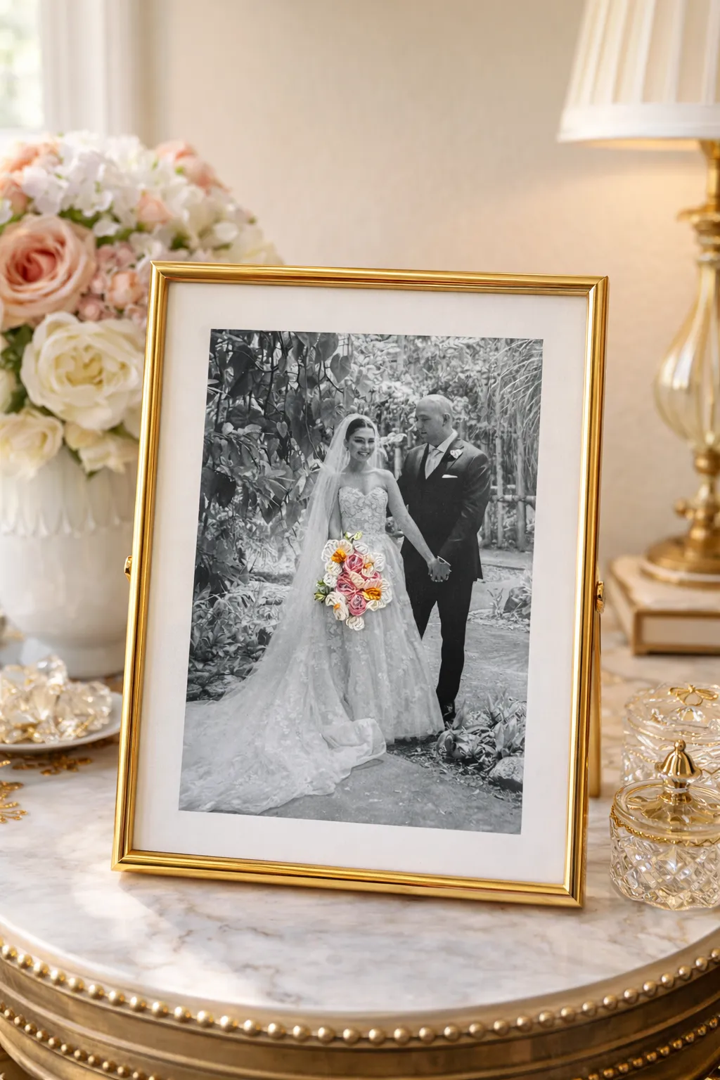Gold-framed black-and-white wedding photo on a marble table, featuring a bride and groom with a colorful embroidered bouquet highlighted in soft, warm light.