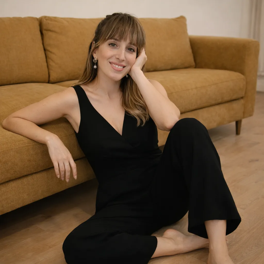 Marcela Briere, Austin Texas wedding photographer and founder of Moments By Marcela, sitting relaxed at home