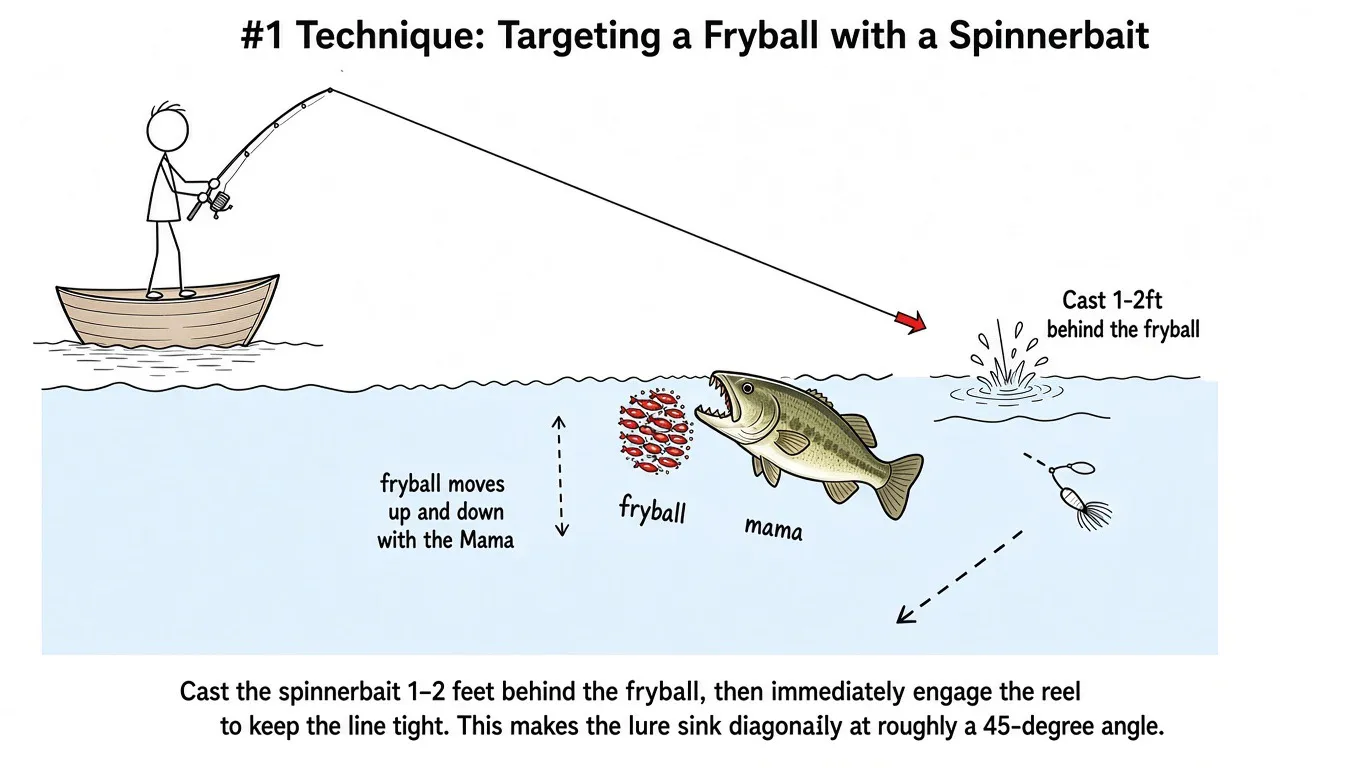 Technique 1: casting behind a giant snakehead fryball and letting the spinnerbait fall at an angle