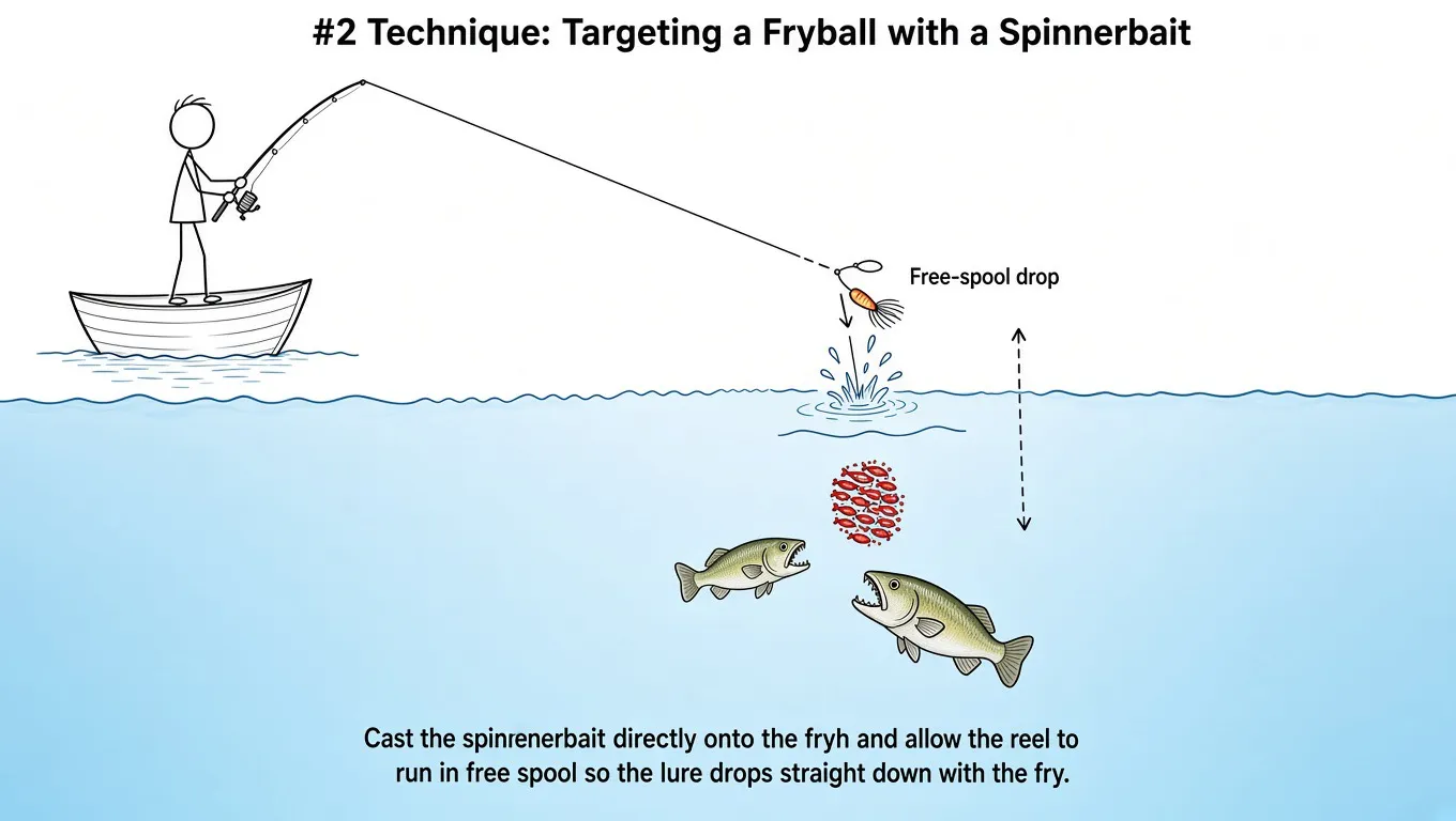 Technique 2: dropping a spinnerbait vertically through a giant snakehead fryball