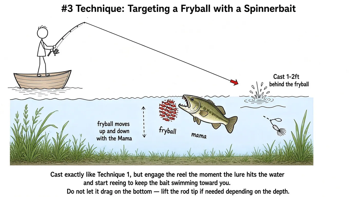 Technique 3: swimming a spinnerbait through a shallow-water giant snakehead fryball