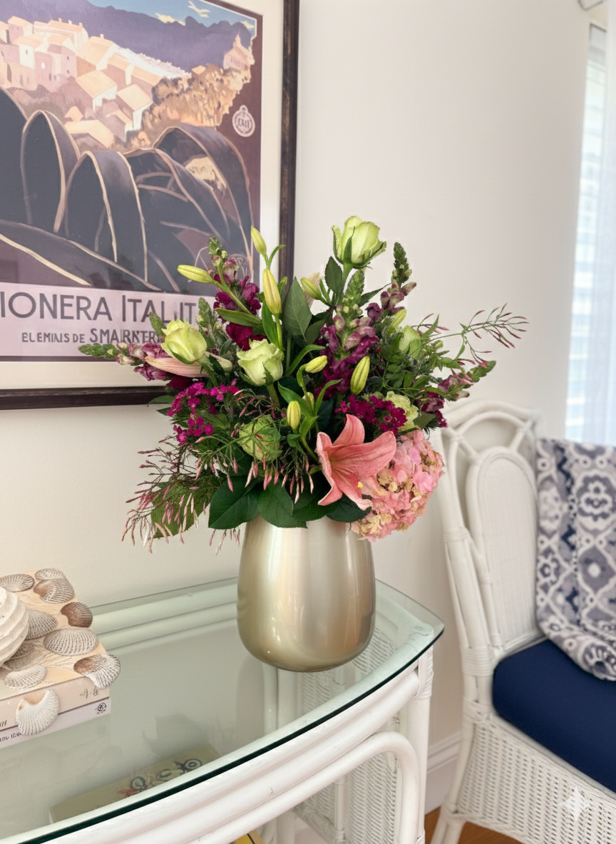 Extra-large luxury statement piece with exotic protea, orchids, and tropical greenery.