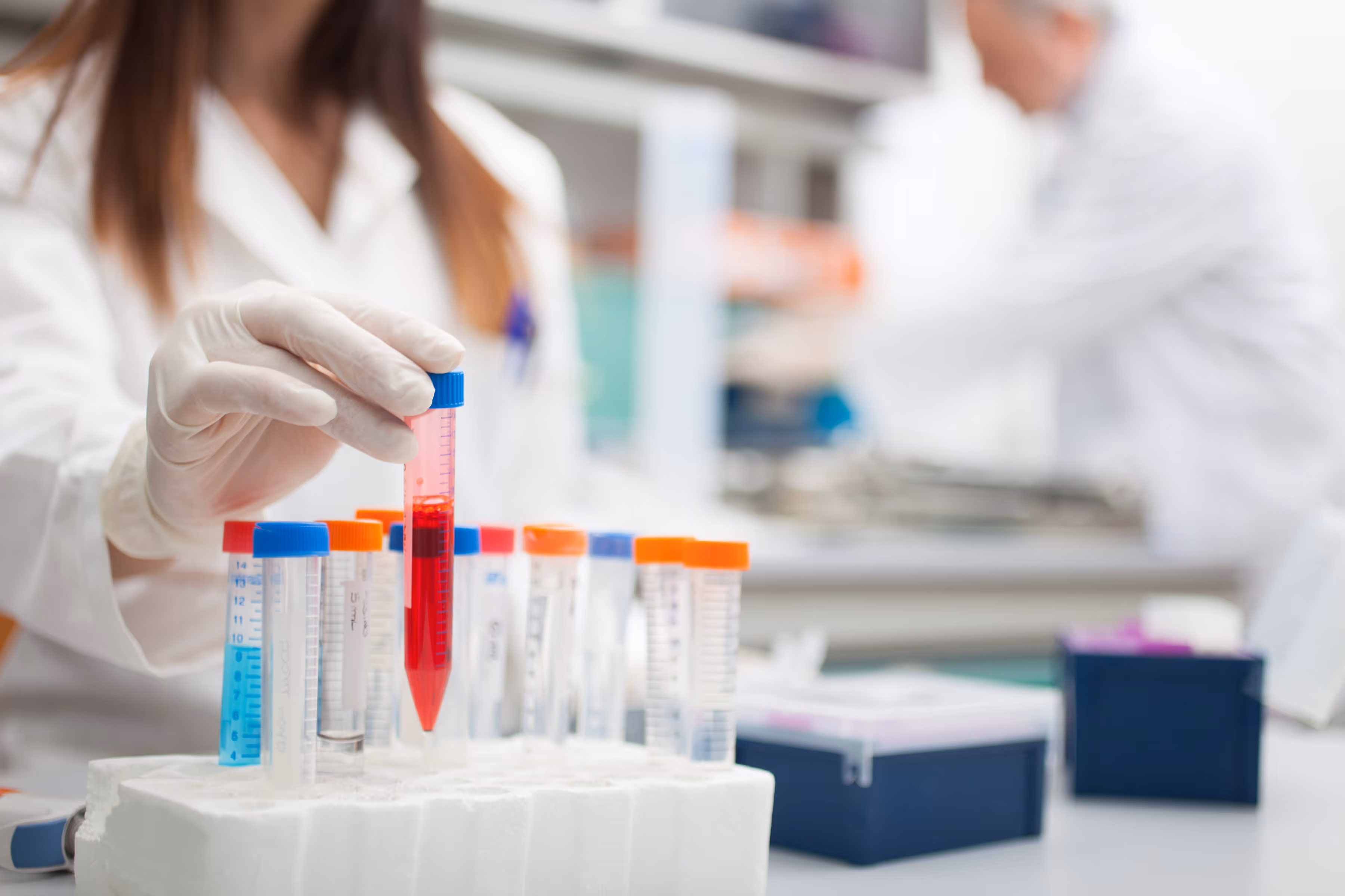 Gloved hand of a scientist holding a test tube with red liquid among a rack of test tubes in a laboratory.