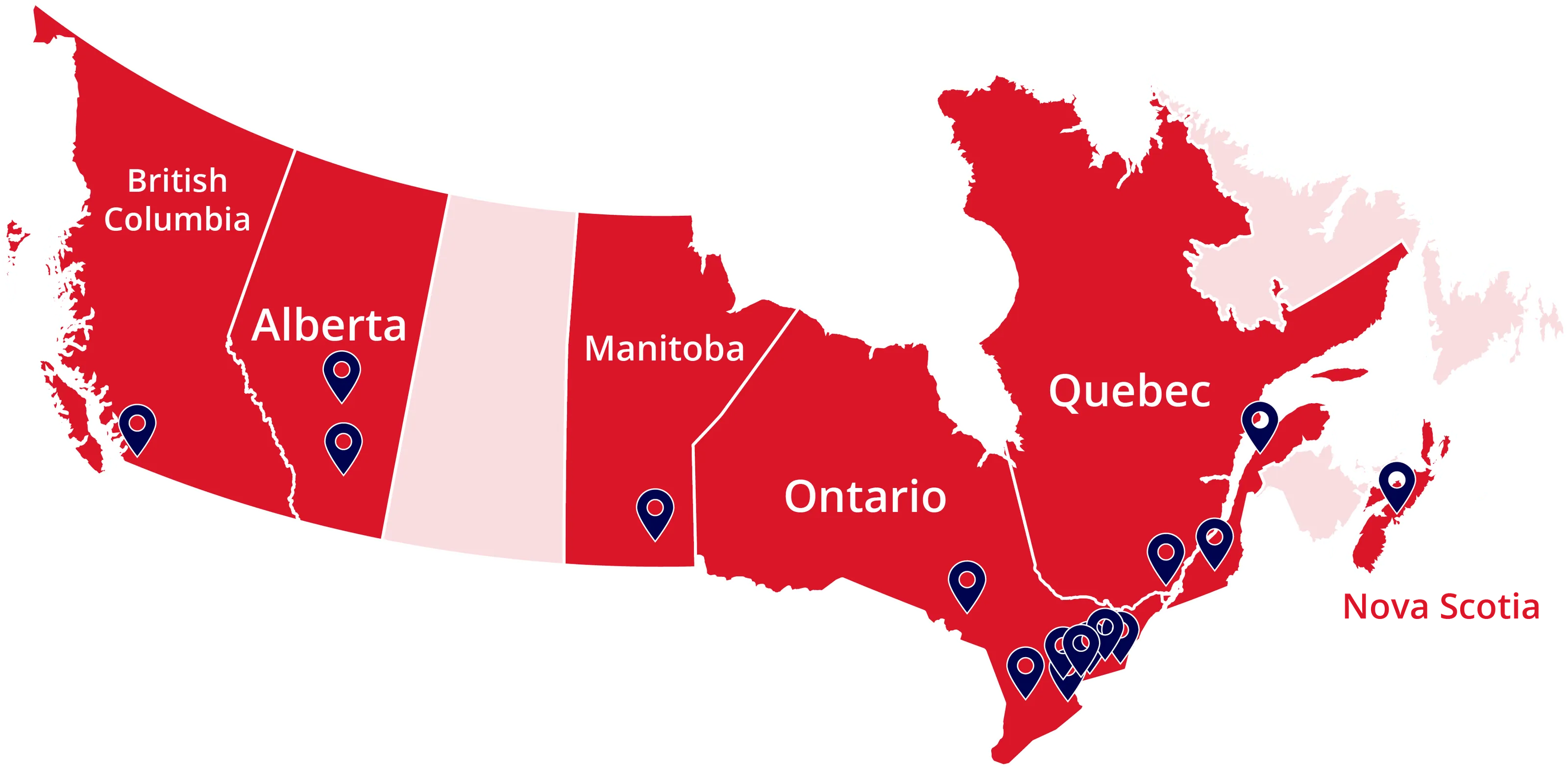 Map of Canadian provinces British Columbia, Alberta, Manitoba, Ontario, Quebec, and Nova Scotia, with red markers indicating locations in Alberta, Manitoba, Ontario, Quebec, and Nova Scotia.