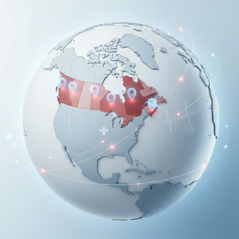 3D globe focused on North America highlighting Canadian provinces with location markers and connected glowing dots representing network or locations.
