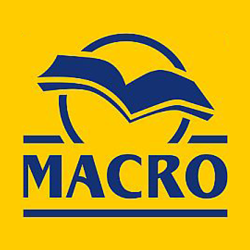 Macro company logo featuring a blue stylized open book above the word 'MACRO' on a yellow rounded square background.