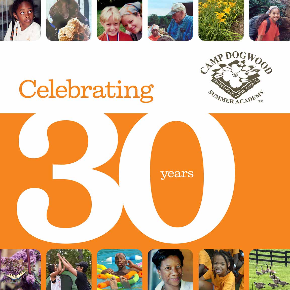 Camp Dogwood 30th anniversary booklet cover featuring children, nature, and camp activities photos surrounding large text 'Celebrating 30 years' with Camp Dogwood Summer Academy logo.