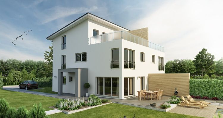 Doppelhaus mit Flachdach, weißer Fassade, großen Fenstern und überdachter Terrasse im modernen Bauhausstil