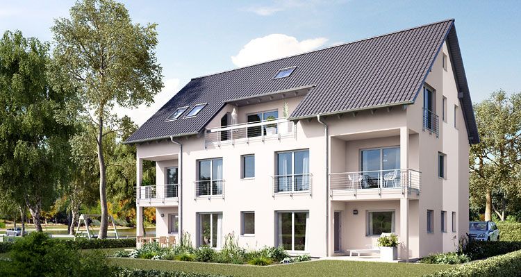 Doppelhaus mit Satteldach, drei Geschossen, Balkonen, Gauben und heller Putzfassade