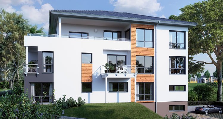Doppelhaus mit Pultdach in moderner Architektur, weiße Fassade mit Holzelementen und Balkonen