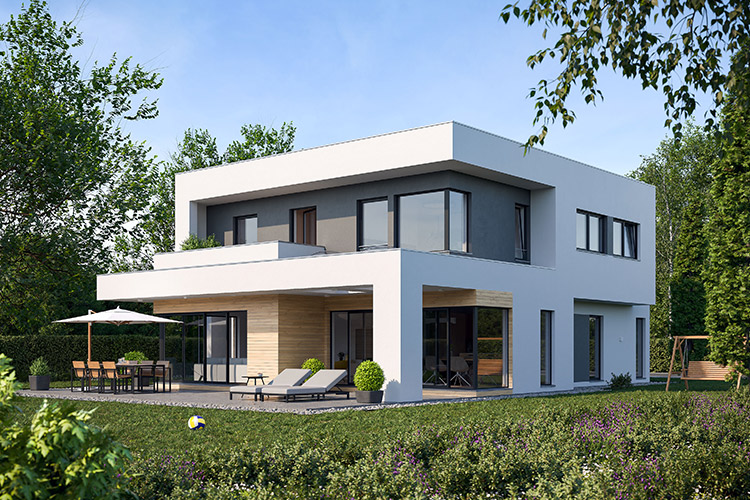 Mehrfamilienhaus mit Flachdach und weißer Putzfassade, Holzelementen und großen Fensterfronten